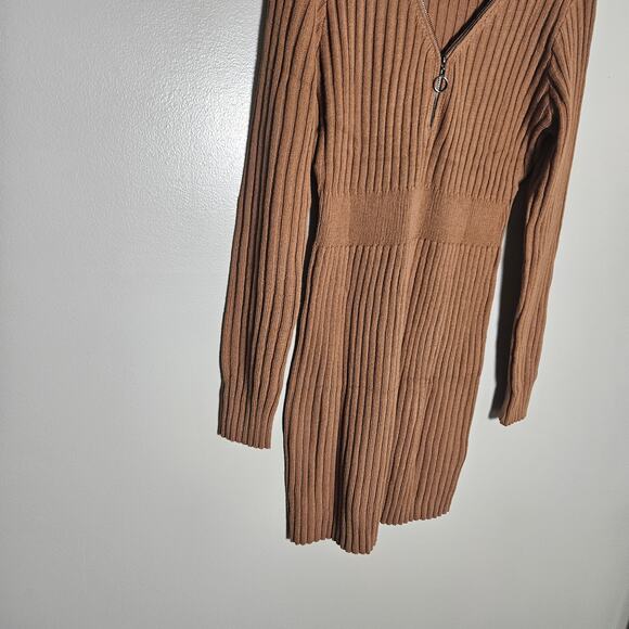 NWOT Light Brown Zipper Front Ribbed Mini Sweater Dress Sz Large - Picture 4 of 11